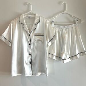 White Satin Pajama Set Black Trim Button Top + Shorts Size M